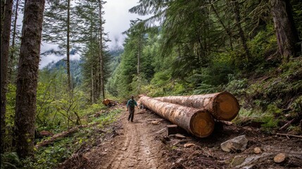 Forest worker dragging large timber logs through dirt trail surrounded by