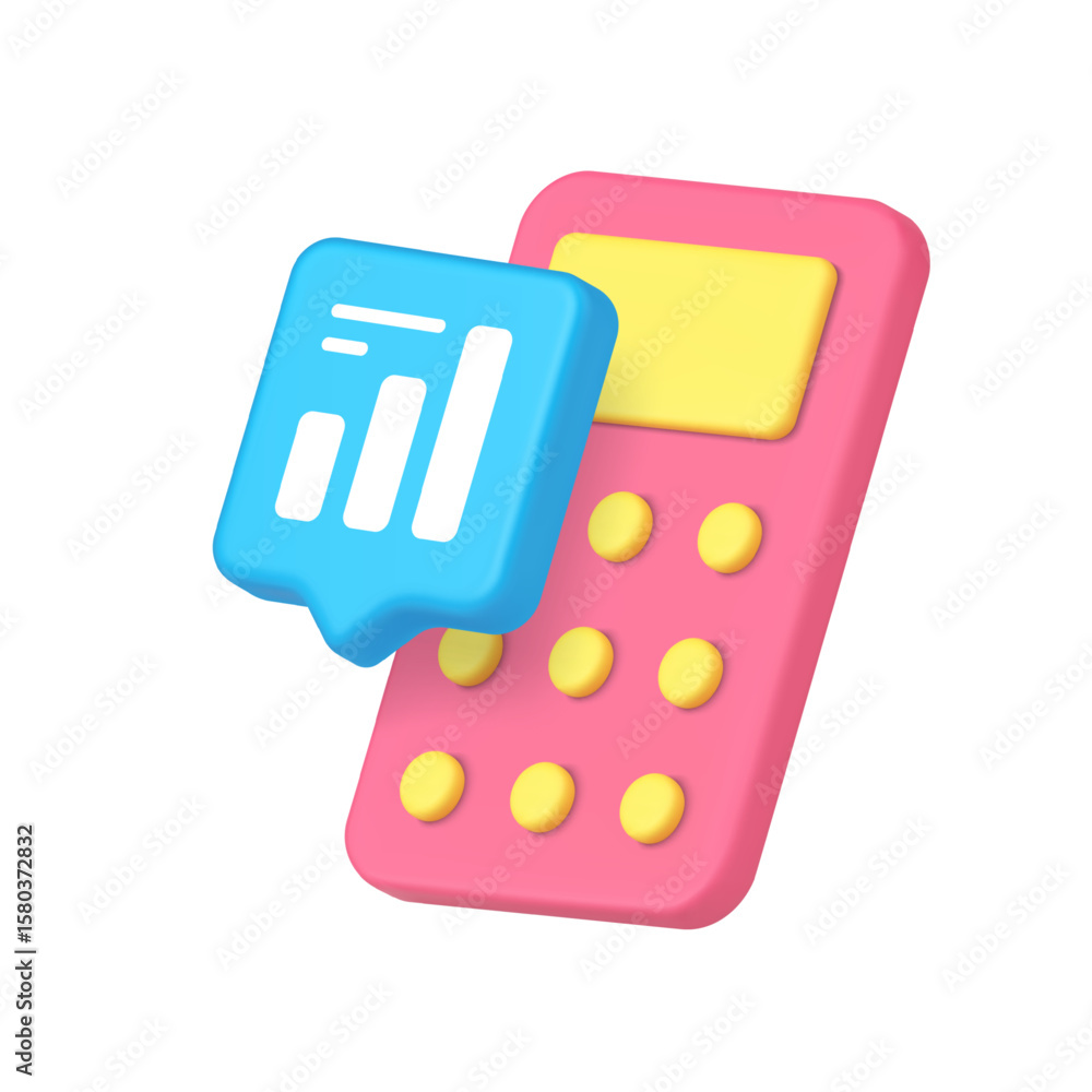 Poster colorful icon featuring a pink calculator with yellow buttons combined with a blue graph symbol repr