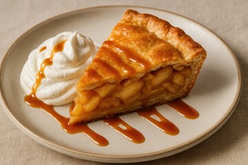 Slice of apple pie topped with whipped cream and caramel drizzle