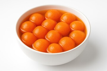 Sliced papaya spheres soaked in sweet syrup