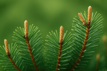 Evergreen pine foliage with needles, buds, and resin details