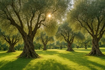 Obraz premium Ancient towering olive trees in the park setting