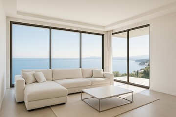 Fototapeta premium Spacious lounge featuring a white sofa and a breathtaking panoramic vista