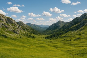 Obraz premium Serene mountain scenery featuring gentle rocky peaks and lush green valleys