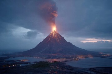 Volcanic eruption over a coastal city