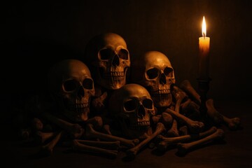 Skulls and bones illuminated by candlelight for a Halloween theme