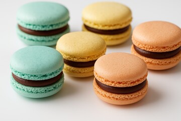 Obraz premium Close-up of pastel-colored macarons with chocolate filling on a white backdrop, detailed banner display