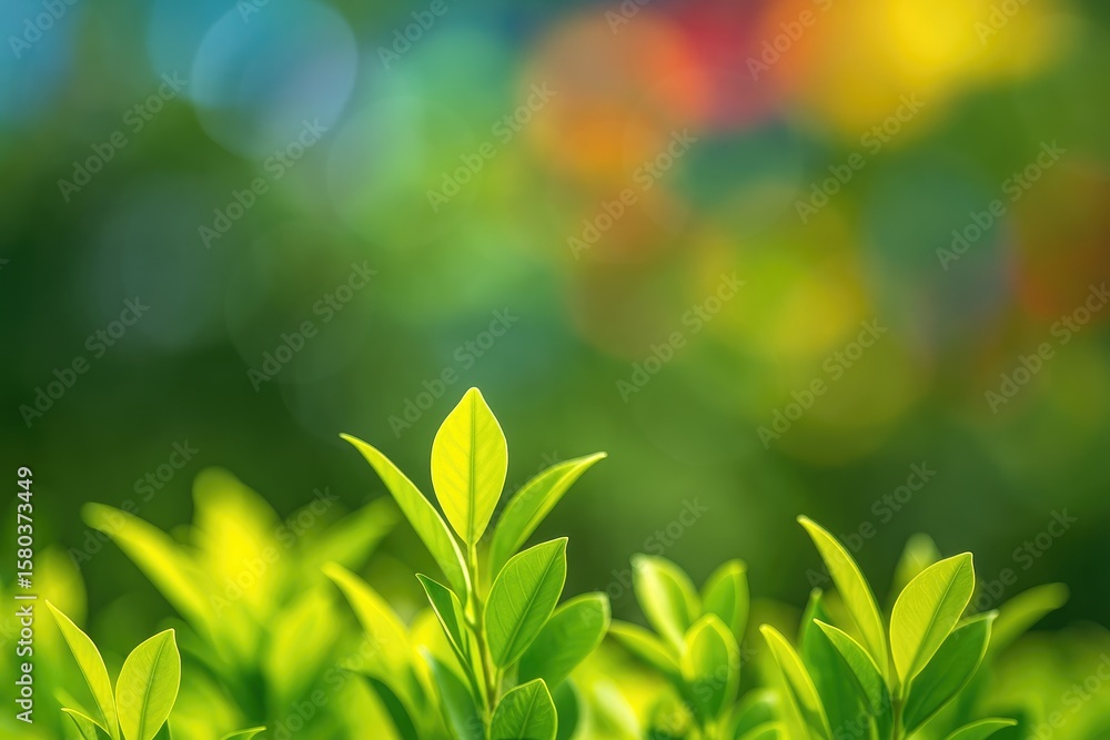 Poster abstract depiction of lush green leaves in a park setting with a bokeh effect, illuminated by colorf
