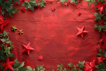 Festive christmas red background decorated with green ivy and colorful paper stars creating a vibrant holiday atmosphere