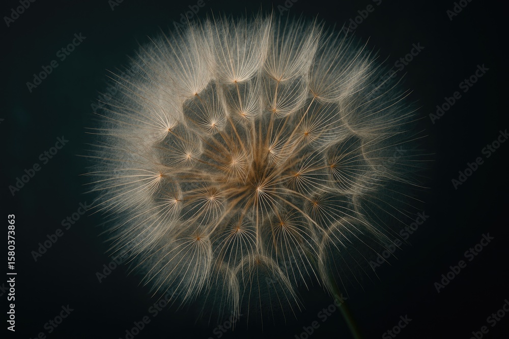 Poster close-up of a large dandelion in a macro studio with a dark background and selective focus