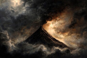 A dramatic volcano erupting through a stormy sky