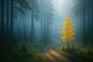 Obraz premium Vast sunrise scene featuring towering evergreens shrouded in morning mist, with a detailed shot of a young golden tree. Enchanting natural scenery illuminated by sunlight and blue hues. Mystical and
