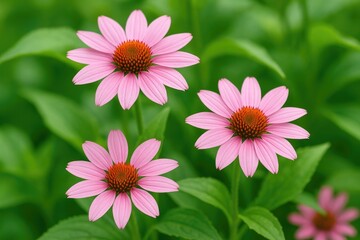 Fototapeta premium Vertical perspective of vibrant pink blossoms with lush green foliage