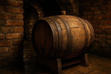 Vintage oak barrel containing mature wine in a historic cellar