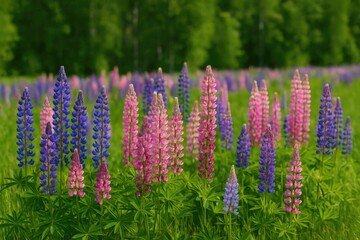 Colorful lupine field showcasing pink, purple, and blue summer blooms