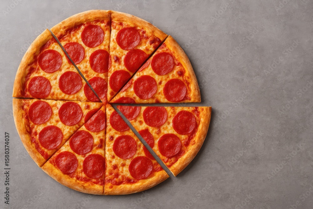 Poster slices of pepperoni pizza displayed on a gray surface with a top-down perspective and ample space fo