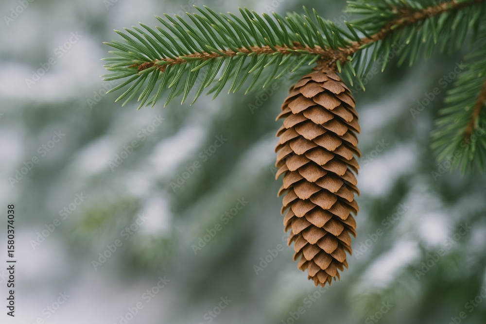 Aufkleber close-up of a pine cone on a fir branch with a winter scene in the background