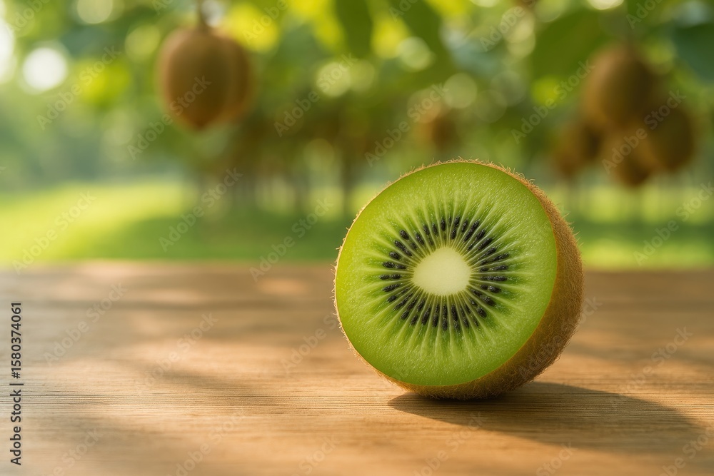 Poster a kiwi slice resting on a wooden surface illuminated by natural light with a blurred background of a