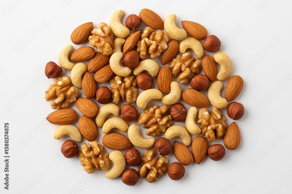 Poster assorted nut assortment arranged in a pile on a white surface from a top perspective