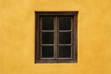 Antique window mounted on a vibrant yellow wall
