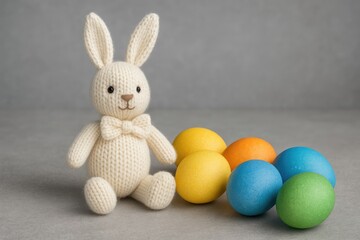 Obraz premium Handcrafted Easter Bunny and Colorful Eggs on Neutral Surface