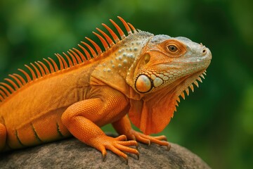 Obraz premium Bright orange iguana climbing over a rocky surface