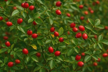 Obraz premium Close-up shot of a wild rose bush showcasing its berries
