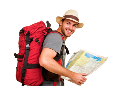 Adventure traveler with backpack exploring new destination using map on transparent background, PNG