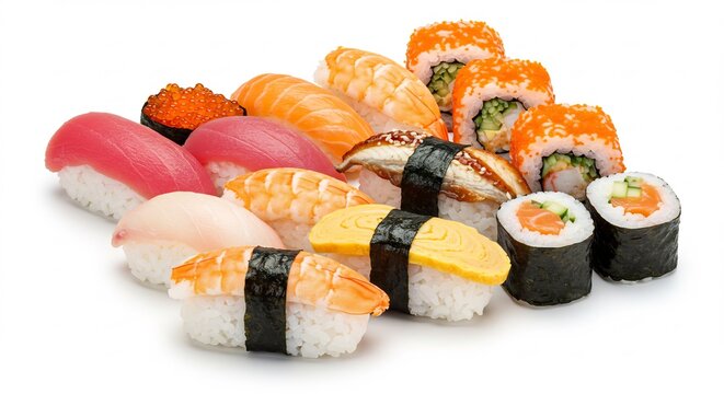 鮮やか色彩 豊かな寿司盛り合わせ 光沢感際立つ新鮮な魚介類. AI Generated