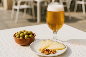 Enjoying a midday meal with a chilled beverage at an open-air cafe, featuring a tapas platter with green olives, Manchego cheese, and nuts