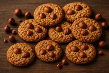 Fototapeta premium Crunchy oat cookies featuring hazelnuts on rustic wooden surface