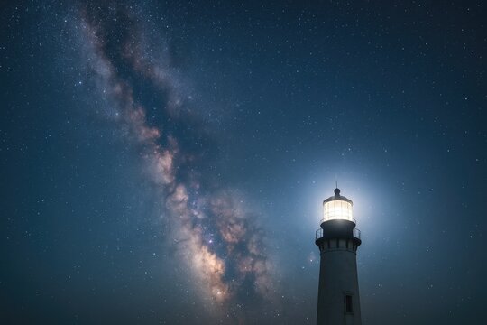 Night sky featuring the galaxy above a coastal lighthouse