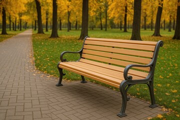 New light brown park bench by the alley during autumn in peaceful weather
