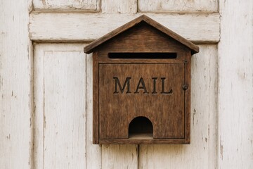 Antique wooden mailbox mounted on an aged house door