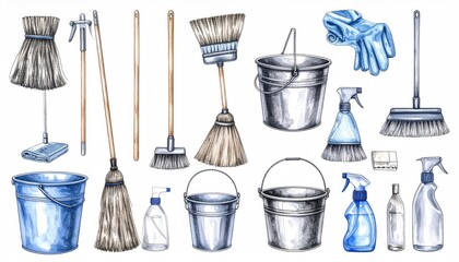 Watercolor cleaning supplies illustration