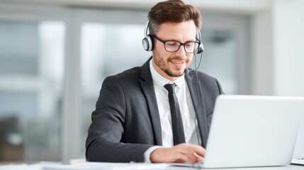 IT technician with laptop and headset, professional attire, bright clean