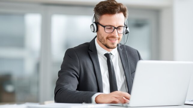IT technician with laptop and headset, professional attire, bright clean