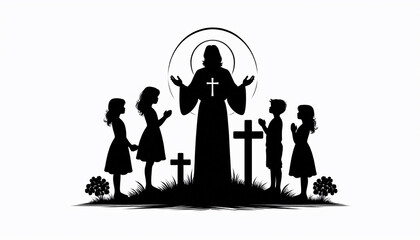 Eine Gruppe Kinder steht mit gefalteten Händen vor einem Priester oder Pfarrer mit Kreuzen auf einem Friedhof