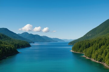 Naklejka premium Wide-angle scene showcasing the expansive sky, ocean, and mountain landscape