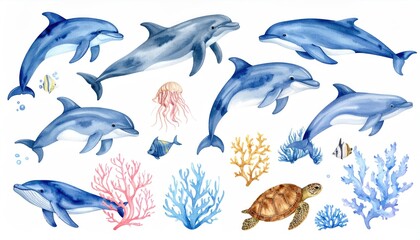 Watercolor dolphins and ocean life illustrations