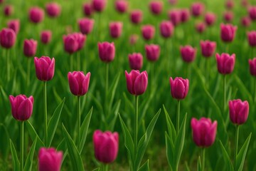 Fototapeta premium Vivid magenta tulips blooming across a lush field