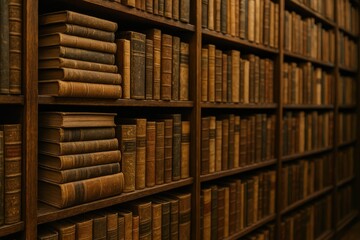 Obraz premium Vintage bookstore with shelves of antique books, showcasing classic literature and knowledge in a nostalgic setting