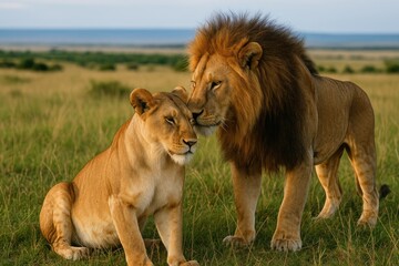 A lion and lioness pair resting in the plains of an African wildlife reserve