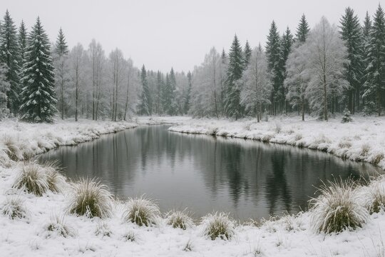 Winter scene featuring lush greenery and tall trees in a natural landscape
