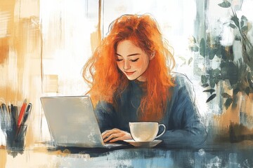 Fototapeta premium Happy freelancer working from a coffee shop, immersed in her work while enjoying a cup of coffee and the creative environment around her, Generative AI