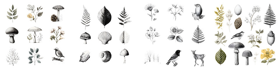 Botanical Illustrations: Vintage Style Nature Drawings on White