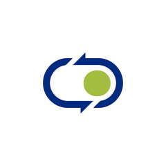 Two dark blue arrows forming an open circle, with a green dot positioned between them