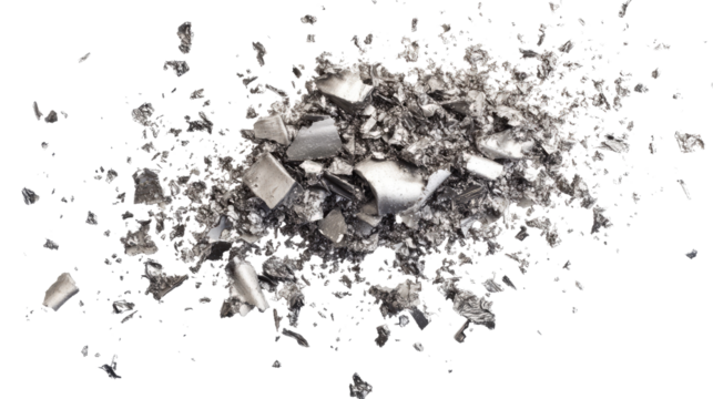 Dust and metal shavings scattered with fine industrial particles and metallic debris isolated on white background