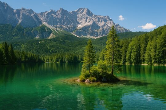 Scenic lake featuring a tiny island situated in a picturesque mountain region