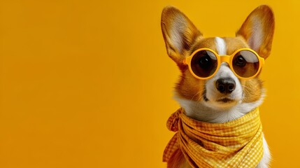 Happy playful corgi dog wearing bright yellow sunglasses and matching neckerchief on vibrant yellow background